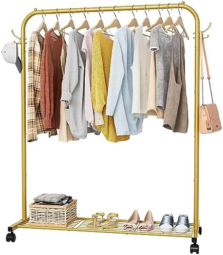 Portant à Vêtements HOKEEPER Sur Roulettes - Capacité 200kg Réglable Doré | Rangeur Mobile Avec Étagères