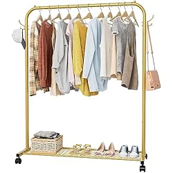 Perchero portátil con gancho y estante de almacenamiento de metal, barra de ropa resistente con ruedas, riel de ropa para dormitorio, rieles colgantes para ropa, soporta hasta 40 kg, dorado