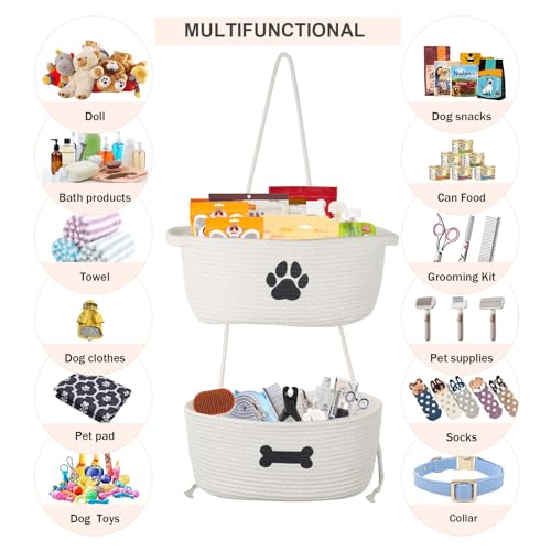 2-Tier Dog Baskets,Over Door Hanging Oganizer for Pet Stuff with Metal Hooks,Cotton Rope Wall-Mounted Storage Organizer for Dog Leash/Harness/Small Toys/Trash bag - Beige - Image 5