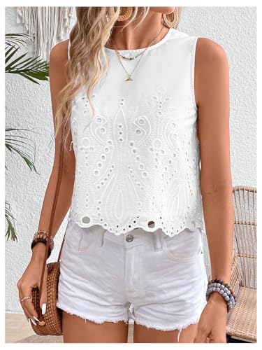 SweatyRocks Women's Eleyet Embroidered Sleeveless Blouse Round Neck Casual Summer Shirt Tops4