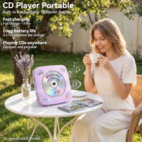 Image of CD Player Portable Bluetooth Rechargeable: CD Players for Home Kegaudio 1800mAh Desktop Wall CD Player with Speakers with Dust Cover FM Radio USB Remote Control