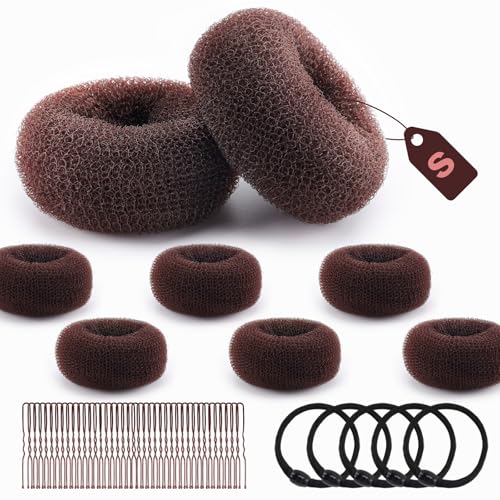 HOFASON 6Pcs Extra Small Bun Makers for Kids, Hair Accessories Hair Bun Maker Donut Hair Ties Hair Elastics Hair Pins Kit, Ballet Bridal Accessories Gifts for Girls Kids (Size S/2Inch, Brown)