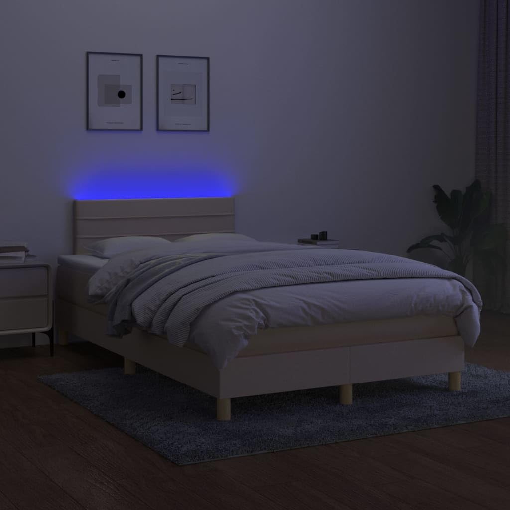 Tkanina z regulowanym zagłówkiem LED kremowy 120x200 cm | Łóżko kontynentalne z materacem kremowe 120x200 cm tkanina z LED regulowanym zagłówkiem do sypialni