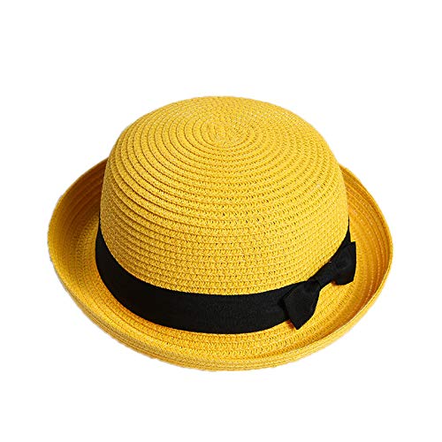 Elonglin Bowler Hats Floppy Straw Hats Rolled Short Brim Wild visor Top Hat for Kids Yellow