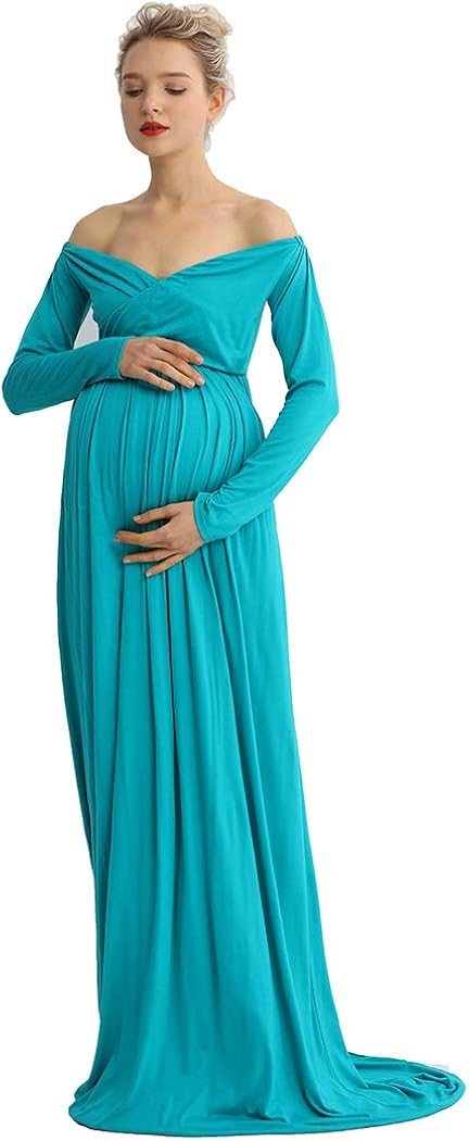 COSYOU Maternity Dress for Photoshoot Long Sleeve Off Shoulder Cotton Gown for Baby Shower Maxi Flowy Dress at  Women’s Clothing store