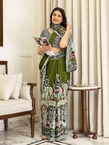 Image of SIRIL Women's Printed Ready to Wear Mul Cotton Saree With Unstitched Blouse Piece