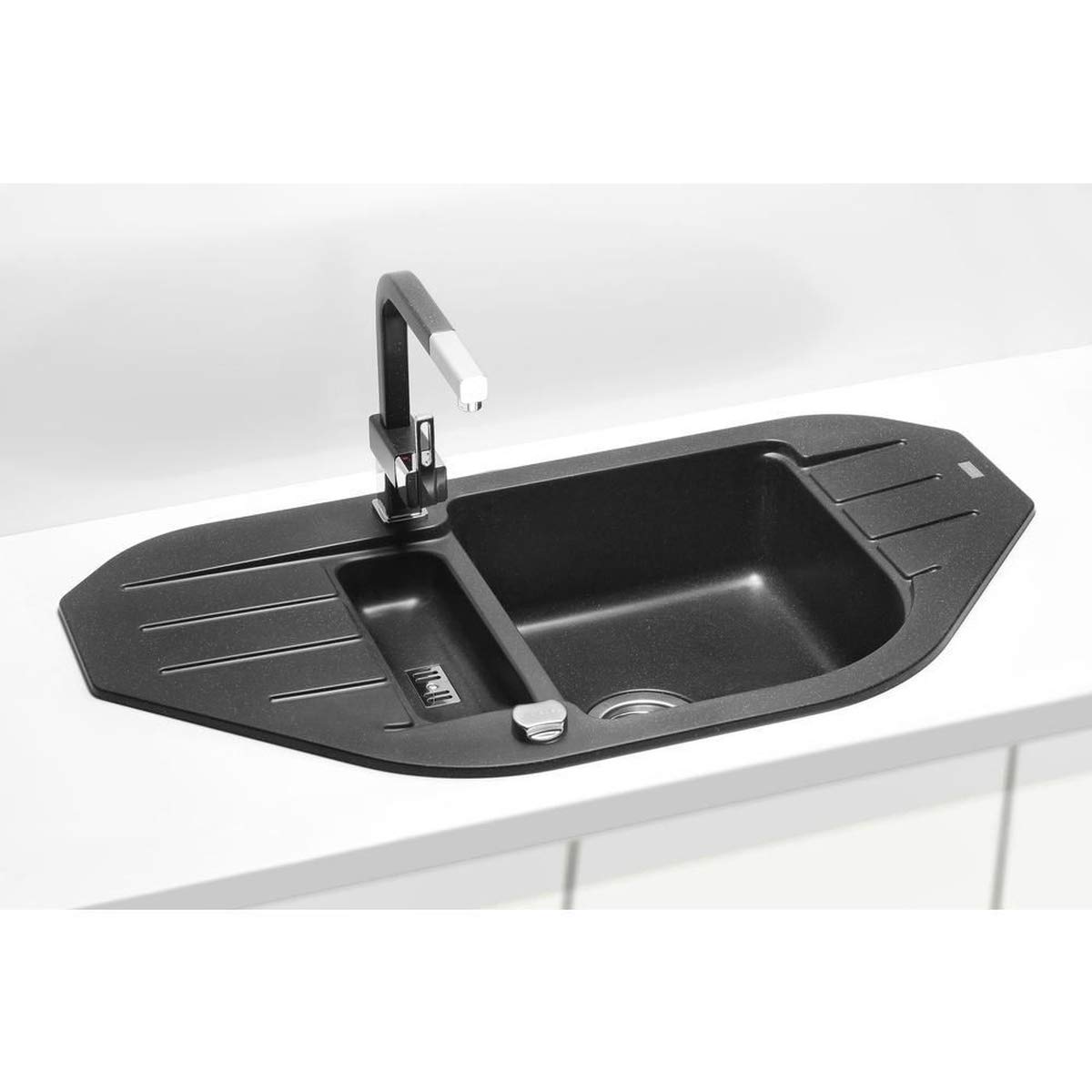 Spüle Spülbecken Granit 50x90 cm 1,5 Becken 1,5 Abtropffläche Küche Einbauspüle Küchenspüle gesprenkelt Eckspülbecken Restebecken+ Siphon + Drexexcenter Waschbecken