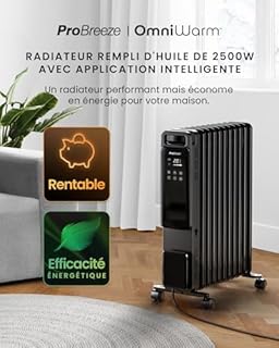 Pro Breeze OmniWarm Radiateur Bain d'Huile Connecté 2500W 11 éléments - Chauffage Électrique, Contrôle Via App, Mode Économique, 3 Modes Chauffage, Sécurité Anti-basculement & Minuteur 24H