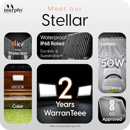 Image of Murphy Stellar 50W LED Flood Light with Day-Night Sensor & Driver, Cool White 6500K, IP66 Waterproof, Outdoor Security & Landscape Lighting, BIS Approved, 2-Year Warranty - Pack of 4