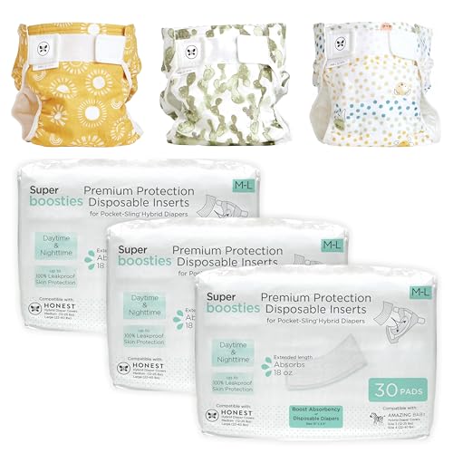 Image of Super Boosties 90ct + Honest Hybrid Cloth Diaper Cover with Pocket-Sling, Large (22-40 lbs), Stops Nighttime Leaks, Boosties Disposable Diaper Inserts, Honest Cotton Muslin Covers, 3 Pack