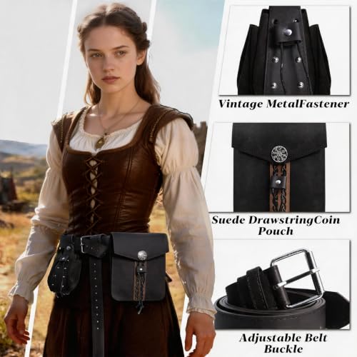 Image of Black Renaissance Pirate Belt with Pouch & Coin Purse Set | Medieval Viking Pirate Belt Pouch for Halloween Cosplay Ren Faire Accessories,Black.