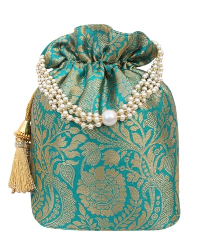 Image of MILAN'S CREATION Banarasi Silk Brocade Potli Bag Purse With Base Drawstring Women's handbag with Pearl Handle & Tassel Weddings