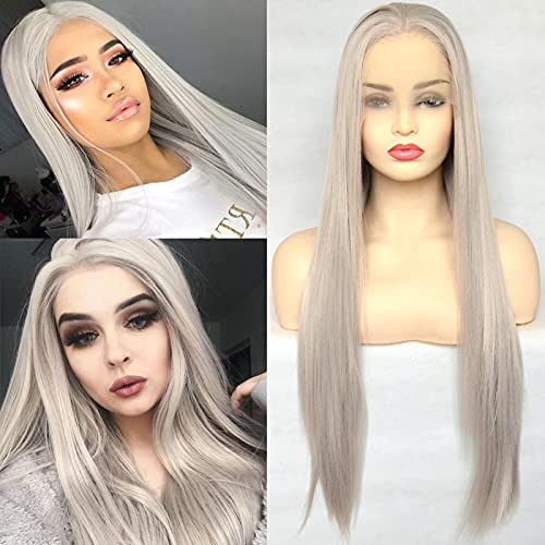 BLUPLE Silver Blonde Straight Lace Front Wigs Trendy Long Half Hand Tied Wig for Women Heat Resistant Synthetic Hair 22 Inches