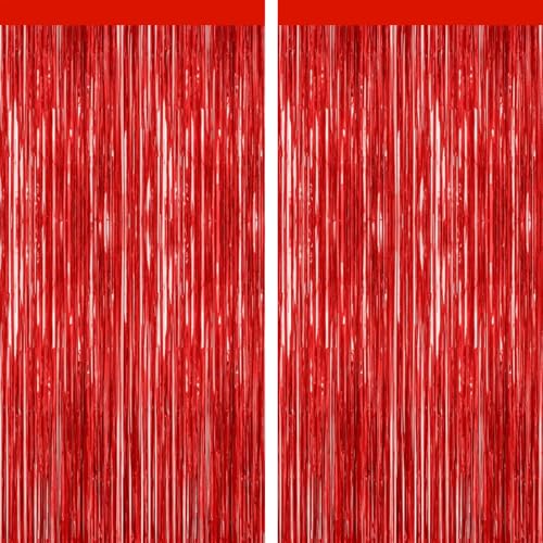 Image of GCB 2 Pack Red Tinsel Backdrop, Fringe Curtains, Red Foil Tinsel Party Streamer Backdrop Curtains for Valentines Day, Wedding Photo Backdrop Party Decorations for Wedding Anniversaries Bridal Shower