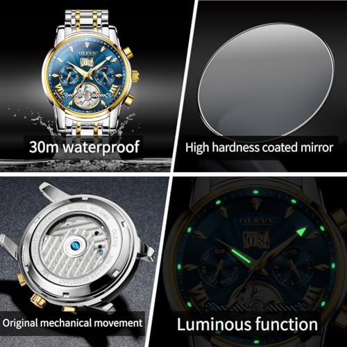 Image of OLEVS Watches for Men Automatic Skeleton 5 Hands Mechanical Luxury Watch Classic Calendar Stainless Steel Waterproof Mens Wrist Watch
