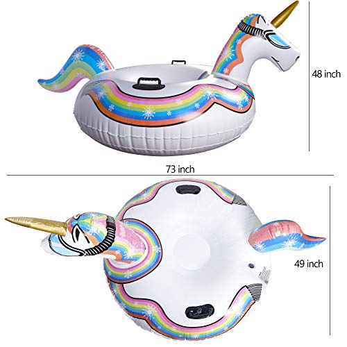 Glintoper Winter Snow Tube for Sledding, 49 Inch Inflatable Unicorn Snow Sled for Kids and Adults, Heavy Duty Snow Tubes with Strong Handles, Wear-Resistant Material & Thickening Freeze-Proof