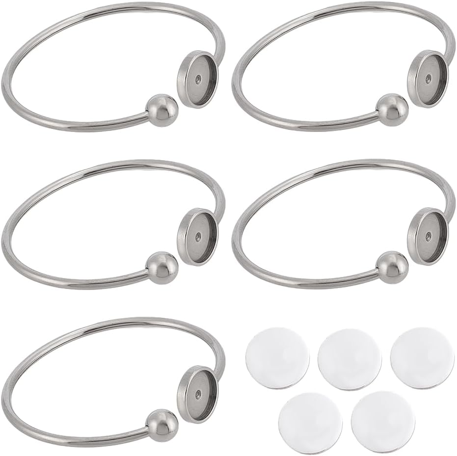 5Pcs Stainless Steel Adjustable Bangle Blanks Cabochon Bracelet Setting Trays Open Bangle with Glass Cabochon Bracelet Findings for Women DIY Jewellery Making