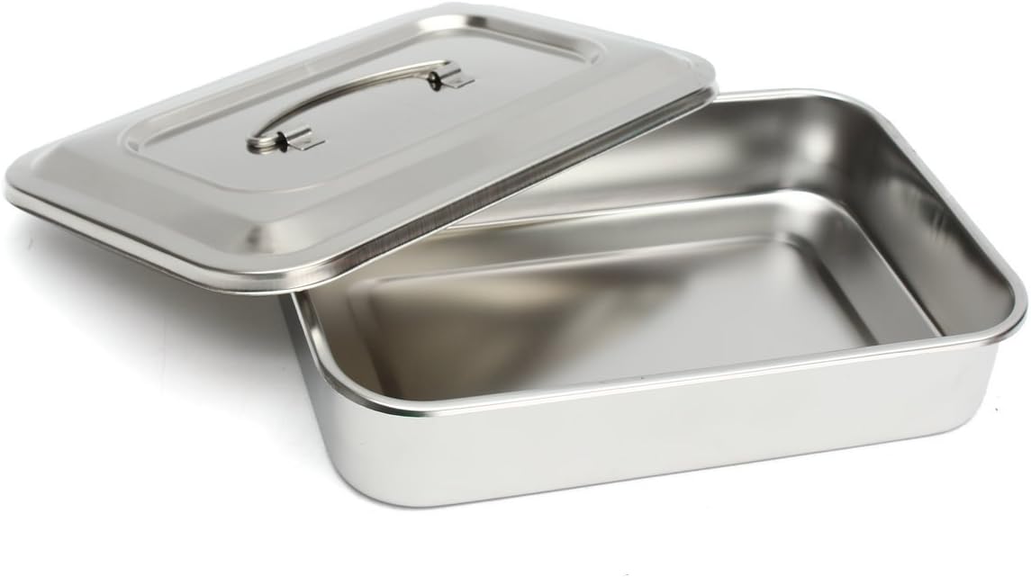 Stainless Steel Instrument Tray Organizer Holder with Lid & Handle Grip
