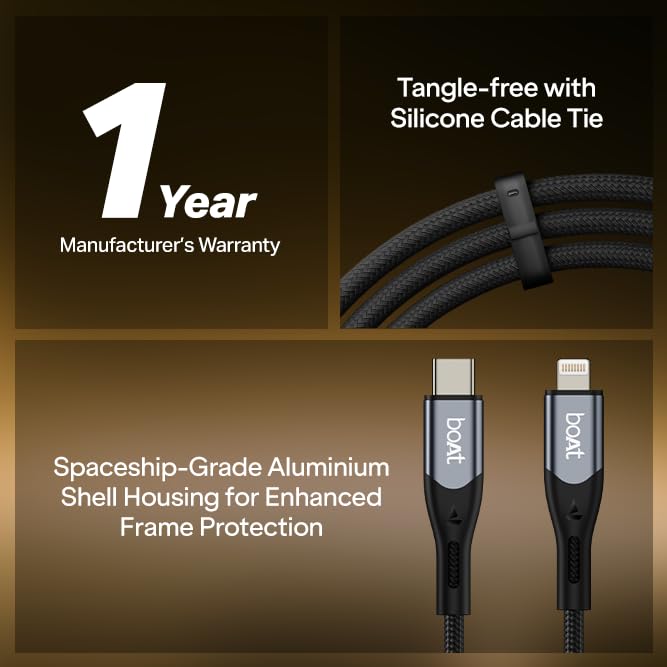 Image of boAt Type C to Lighting Cable for 27W Fast Charging | 480 Mbps Data Transfer | 1.2 m (3.9 ft) Perfect Cable Length | Premium Nylon Braiding | Durable & Tangle-Free | with Silicon Tie (Carbon Black)