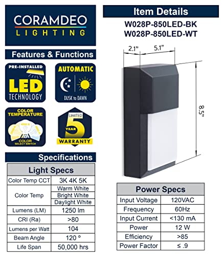 Coramdeo Commercial Residential Outdoor Sconce Wall Pack Light, Wet Location, Built In Led Color Select Switch For 3K / 4K / 5K, 1250 Lumens, Black Cast Aluminum With White Pc Lens 2 Pack #TOP3