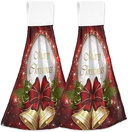 Christmas Xmas Bell Hanging Kitchen Towel with Loop 2 Pack Merry Christmas Hand Towels Soft Microfiber Coral Velvet Tie Towel Decor for Bathroom Oven Absorbent Washcloth