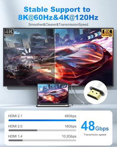 Image of 8K HDMI Cable, 10ft 48Gbps High Speed DHDMI Cable Braided Cable, 8K@60Hz 4K@120Hz /144Hz /240Hz,Compatible with TV,HDR10,HDCP 2.3,PS5,Xbox Series X,Soundbar,LG TV