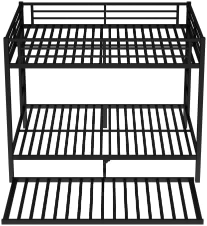 Bellemave Metal Bunk Bed with Trundle Bed, Queen Over Queen Bunk Bed Frame with 2 Side Ladder and Thicker Legs, Black