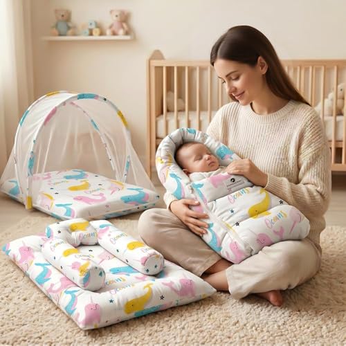 Image of StarAndDaisy Baby Carry Nest Combo Set for 0-12 Months | Baby Lounger, Bedding Nest & Mosquito Net Portable & Foldable Infant Bed Set Soft Mattress with Cushions (Ocean Print)