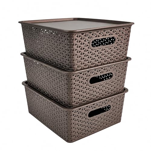 Image of JD Fresh Pack of 3 Premium Plastic Storage Basket with Lid /Smooth Handle Design & Stackable Storage Organizer /Durable Kitchen Storage Basket for Clothes, Vegetables, Fruits, Toys and Stationery(Brown)