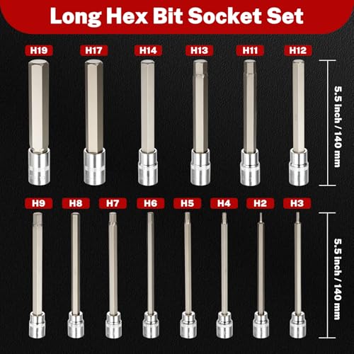 Image of TOMMARS 15-PC Metric Extra Long Hex Bit Socket Set H2-H19 | Extra Long Socket Set, H2-H19, S2 Alloy Steel, 3 /8 inch 1 /2 inch Drive
