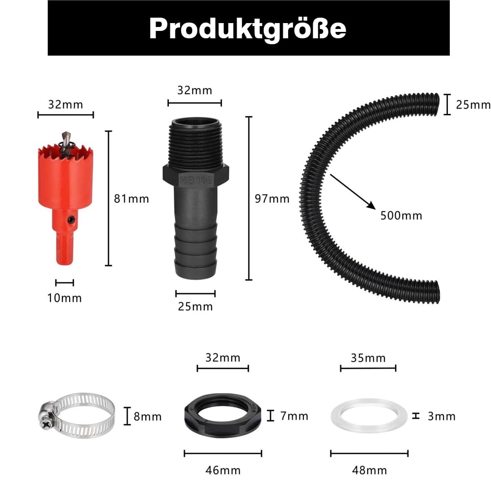 1 cal (25 mm) zestaw łączników do beczek na deszczówkę, wąż łączący 50 cm i 2 króćce do węża 25 mm z nakrętką zabezpieczającą do zbiorników na deszczówkę, cystern
