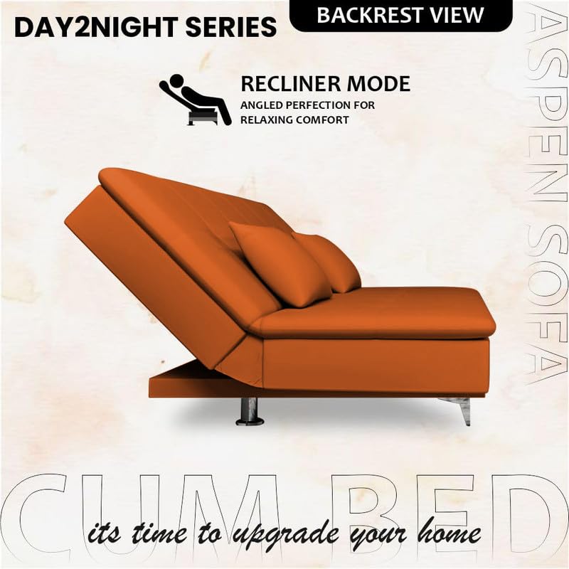 Image of Adorn India Premium New Aspen 3 Seater Sofa Cum Bed 4X6 Velvet Suede with 2 Cushions (Color Orange) and Suitable for All Indoor, with 3 Years Warranty