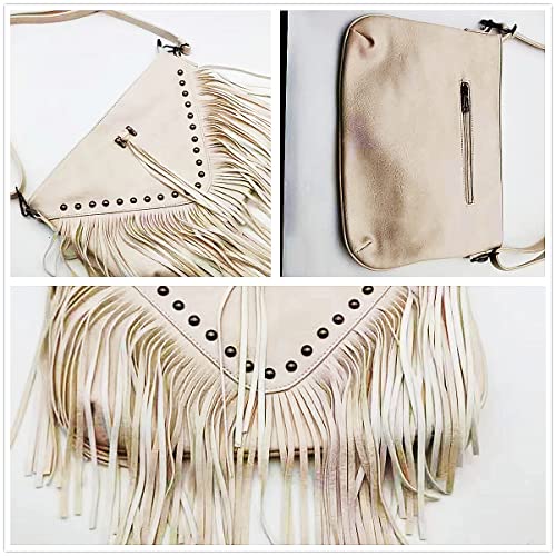 Image of IAMUHI Casual Rivets Fringed Shoulder Handbag for Women,Soft Vegan Leather Hippie Crossbody Purse Bag Hobo Bag