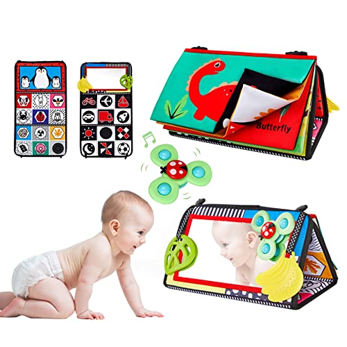 Image of Tummy Time Mirror for Babies, Baby Floor Mirror with Spinning Toy, Soft Crinkle Book and Teether, Infant Mirror Tummy Time Toys, Developmental Montessori Sensory Crawling for Newborn 0-6 Months