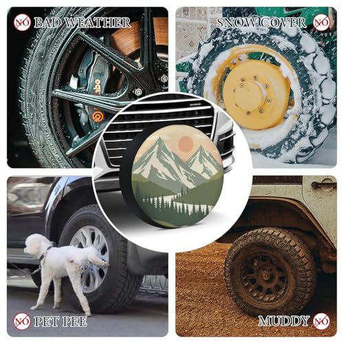 Image of Camping Spare Tire Cover Mountain Adventure Polyester Universal Spare Wheel Tire Cover Wheel Covers Mountain Forest Tire Cover for Camper Trailer Truck SUV Universal 15 Inch
