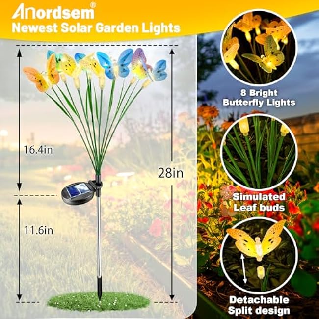 Anordsem Solar Garden Lights Outdoor: 8 Removable Fiber Optic Fabric Butterflies 2 Pack - Waterproof Fun Animal Decoration for Yard Patio - Gardening Gifts for Garden Lovers