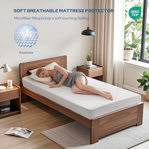 Image of BEDLORE Waterproof Mattress Protector, Twin Size Mattress Pad with Deep Pocket 6 inch-15 inch Depth, Soft Breathable Single Bed Mattress Cover for Bedroom, Dorm Room (White)