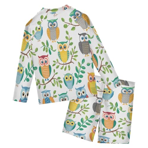 Owl Spring Leaf Boys Swimsuit Rash Guard Toddler Kids Long Sleeve Swim Shirt and Trunks Swimwear Set 3-10Y2