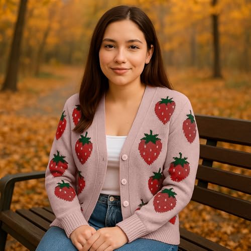 Noni Women's Strawberry Floral Cardigan Long Sleeve Open Front Button Down V Neck Knitted Sweaters Cardigan Sweater4