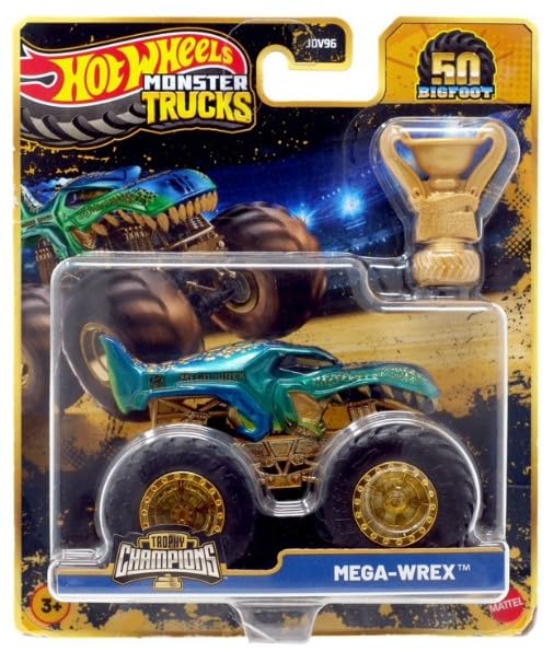 Hot Wheels Monster Trucks 1:64 Scale Trophy Champions Gold Chrome 50th Bigfoot Anniversary Collection You Choose Bone Shaker 5 Alarm Gunkster Mega Wrex Tiger Shark (Mega Wrex)