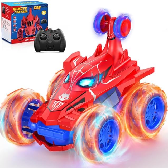 Juguete de auto de control remoto de araña, auto de acrobacias recargable con 360 vueltas 4WD con luz brillante, divertidos juguetes al aire libre