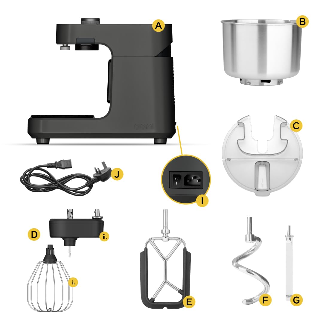 Ooni Halo Pro Pétrin Spirale Professionnel – Robot de Cuisine & Machine à Pétrir 7,3 L avec Accessoires, 58 Vitesses – Idéal pour Pâte à Pain et à Pizza – Pétrin Pizza Gris Anthracite