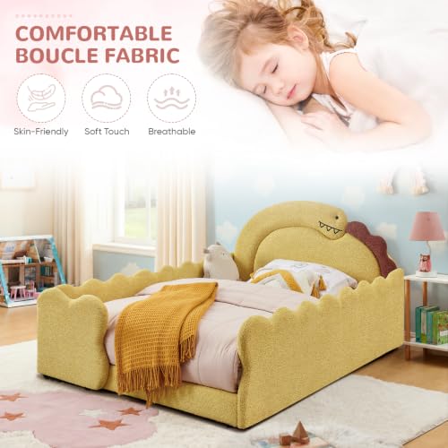 Image of Full Size Kids Bed with Dinosaur Headboard, Upholstered Boucle Fabric Twin Daybed with Slats Support & Side Pocket, Space-Saving Wooden Corner Sofa Couch Day Bed Frame for Girl, Boy, Teenager(Yellow)