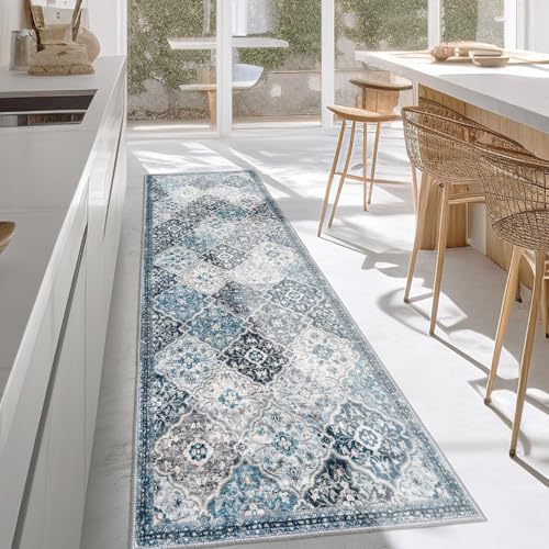 KILOCOCO 2.6x8 Runner Rug, Moroccan Super Soft Washable Hallway Entryway Rug, Accent Print Faux Wool Kitchen Rug 8 Ft Non-Slip Boho Carpet for Laundry Bedroom, Blue/Multi