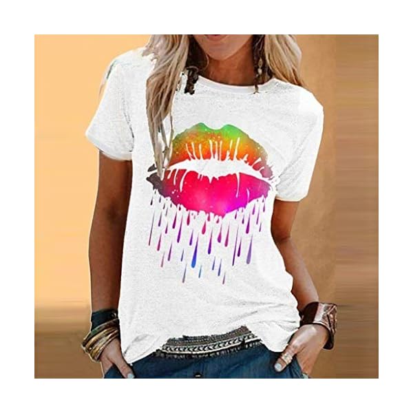 Trendy Women Casual Colorful Lip Print Tops Loose Short Sleeve O-Neck T-Shirt Comfy Thin Classic Blouses - Image 3