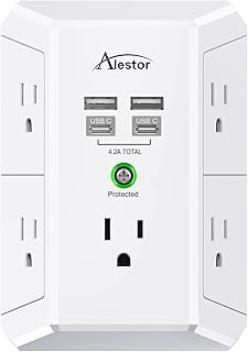 Multi Plug Outlet Extender - ALESTOR 3 Sided Surge Protector Power Strip Wall Adapter Spaced with 5-Outlet Splitter and 4 USB Ports(2 USB C Ports) for Home, Office, ETL Listed, White