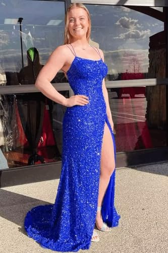 Sequin Mermaid Prom Dresses Long for Women 2025 Spaghetti Straps Sparkly Formal Evening Party Ball Gowns with Slit4