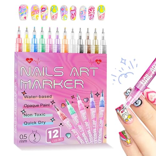 12 Farben 3D Nagellack Stift Set, Nail Art Markert, DIY Linie Nagelkunst Graffiti für Weihnachten, Nagellackstifte für Nägel Zeichnen, Malen, Liner (1 pc, 1)