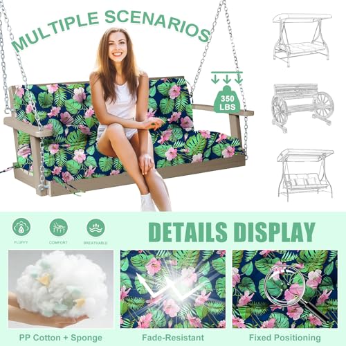 Image of Porch Swing Cushions Outdoor 70 inch x 40 Waterproof Swing Cushions 3 Seater Replacement with Backrest & 8 Ties 5 inch Thick Bench Swing Cushions for Outdoor Furniture Patio(Green Leaves)