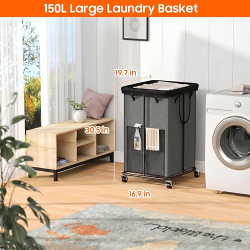 Image of 150L Laundry Hamper with Wheels, Rolling Laundry Basket with Metal Frame and Removable Bag, Large & Tall Dirty Clothes Hampers for Bedroom Aesthetic, Laundry Room, Bathroom, Dorm-Grey